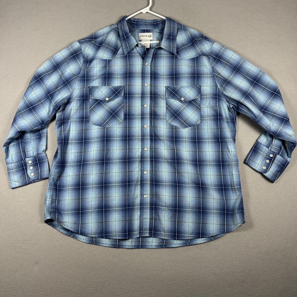 John Blair Plaid Western Pearl Snap Shirt 2XL RG Blue Long Sleeve B05110